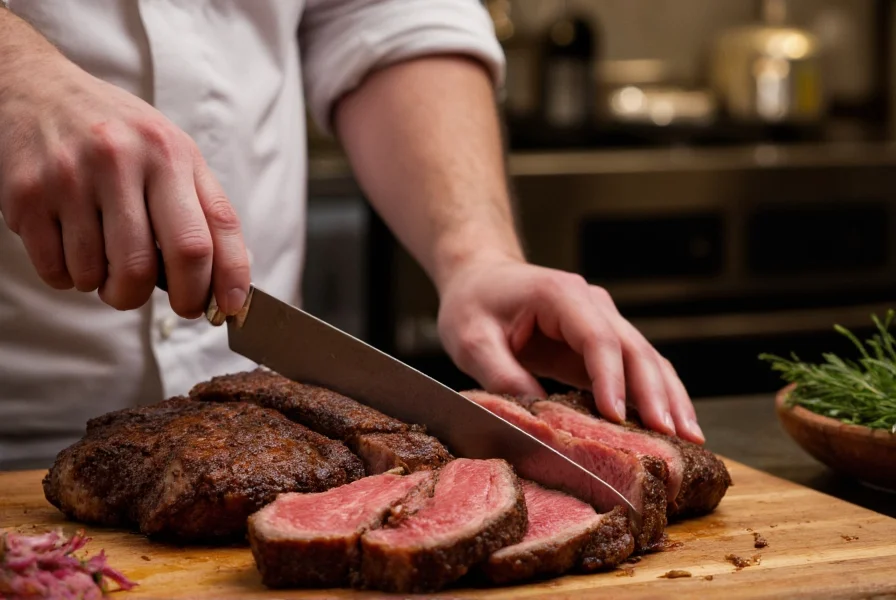 Professional chef preparing premium steak in Montgomery restaurant kitchen with proper aging techniques and wine pairing suggestions