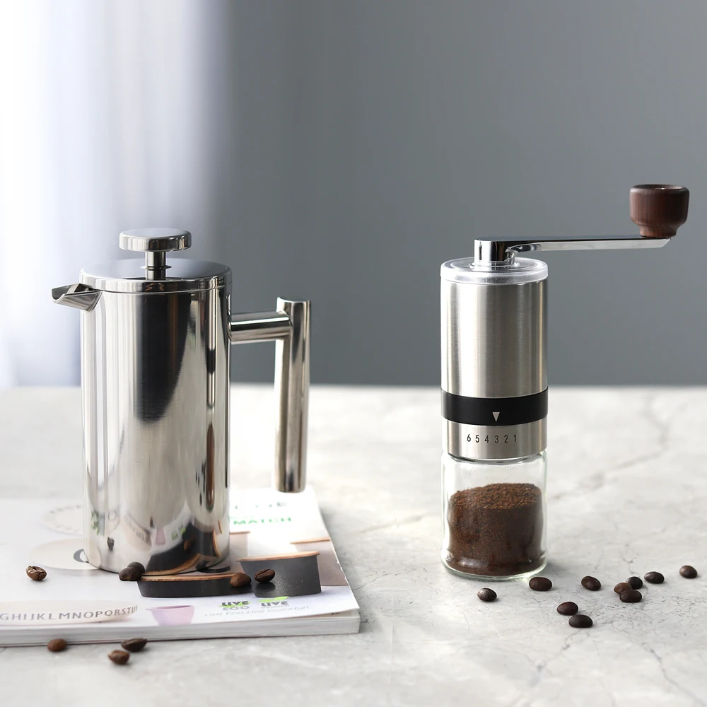 

coffee tool ceramic adjustable coffee bean grinder conical burr manual coffee grinder with stainless steel french press