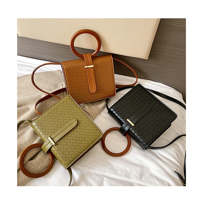 

Small Women Messenger Bags Designer Round Wood Ring Handbag Lady Elegant Top-handle Bag Weaving Pattern Shoulder Crossbody Bags