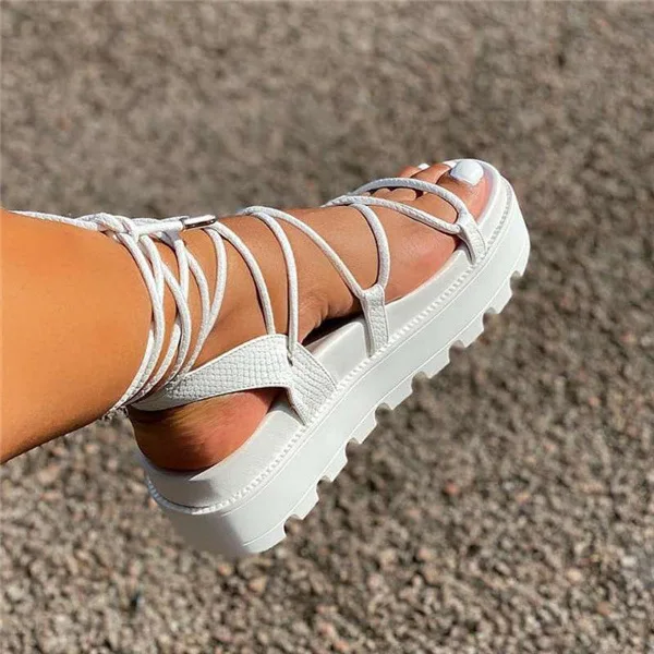 

Factory Sale Summer Daily Outer Platform Shoes For Women Ankle Strap Bandage INS Hot Selling Pure Color Ladies Sandals Flat