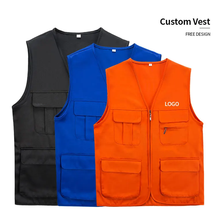 Custom Utility 100% Cotton Shell Plus Size Unisex Multi Pockets Advertising Waistcoats Work Men's Zippers Vests With Print