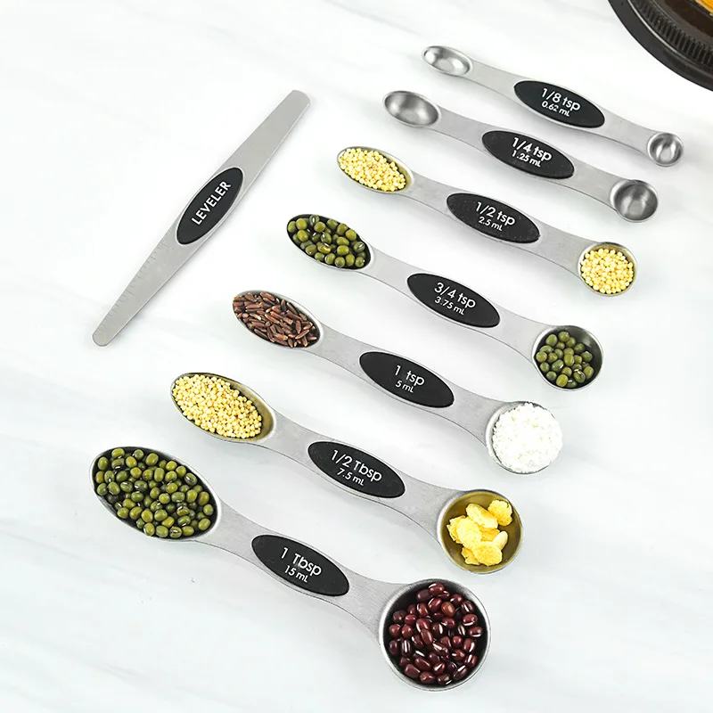 

Hot Sale Kitchen Gadgets 304 Stainless Steel Teaspoon Double Ended 8 Pieces MagneticMeasuring Spoon Set, Picture shown