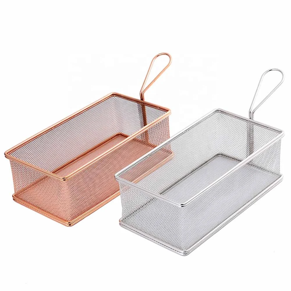 

New arrivals Metal wire Mini Fry Serving Basket for Deep Fat Fryer French Fries Holder with condiment stand Oil Filter, Oem