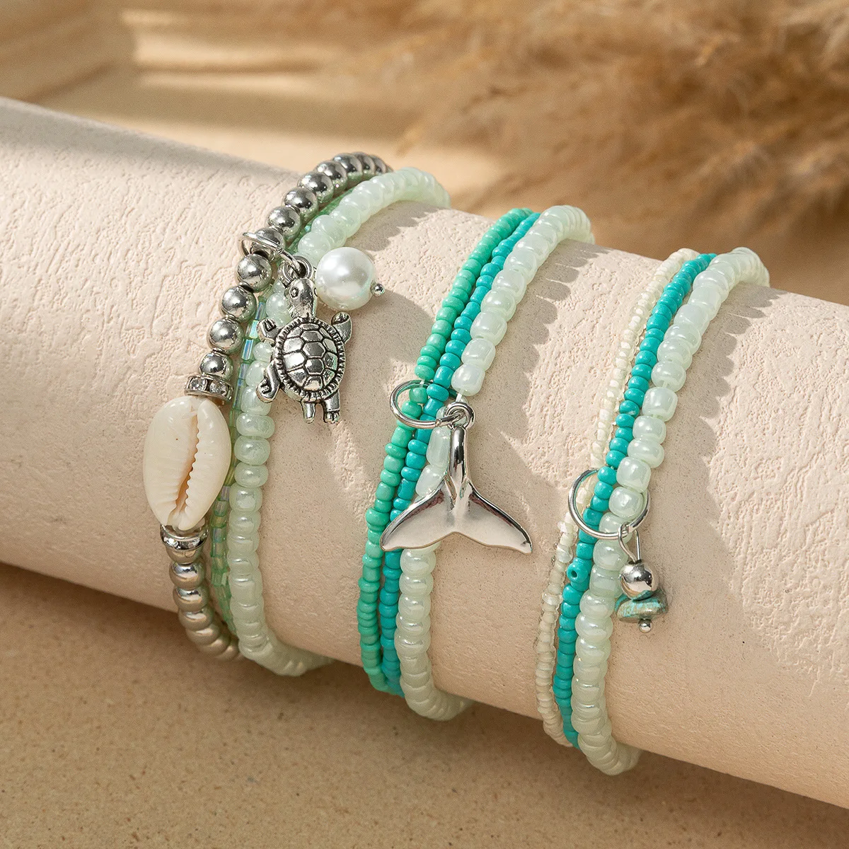 

Wholesale Crystal Gemstone Beads Designer Fish Tail Turtle Beach Jewelry Layered Bohemian Seed Beads Bracelet Set For Women