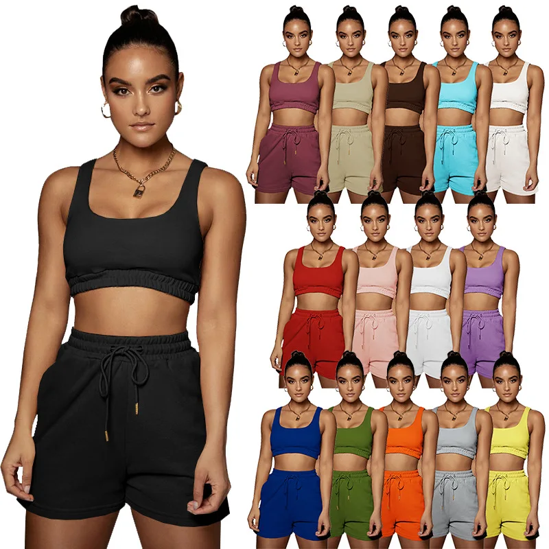 

qzbaoshu hot selling products 2021 solid color sleeveless polyester tracksuit drawstrings 2 piece set women biker shorts set, 15 colors