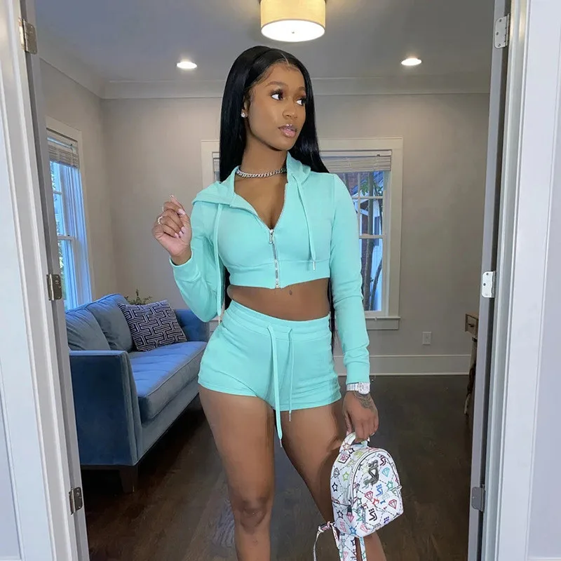 

Basic Sweater Zipper Hooded Crop Top Cardigan Shorts Suit Women Fashion Sexy Sports Suit Two Piece Set, Customized color