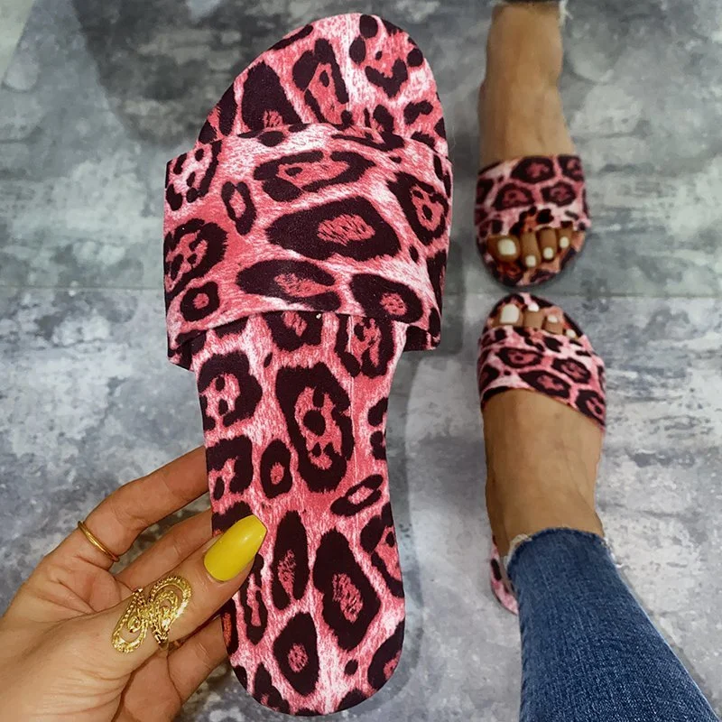 

Leopard Print Single Band Daily Slippers Flat With Women Sandals Outside Summer Women Slippers Open Round Toe Women's Shoes, Black,pink,apricot