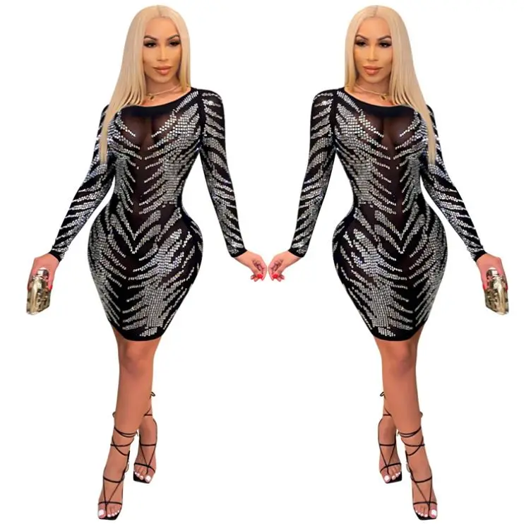 

D96251 Trendy 2021 Winter Long Sleeve Club Evening Sequin Woman Casual Dress Sexy Dresses Women Lady Elegant