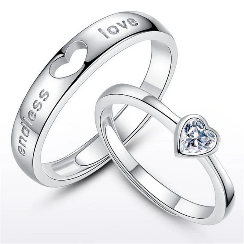 

New Trendy Love Heart Zircon Couple Open Ring Set Romantic Ring Jewelry For Women Men Valentines Gift Dating, White gold
