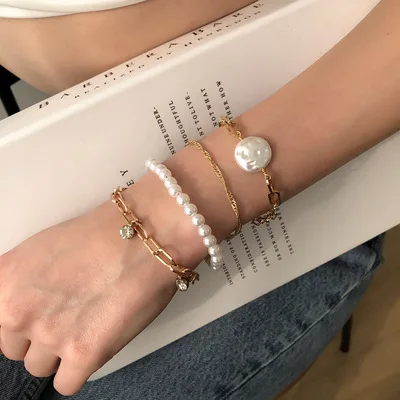 

Fashion Simple Jewelry 18k Gold Plated Multi Layered Link Chain Bracelet 4PCS/Set CZ Crystal Pearl Beaded Bracelet Set For Women