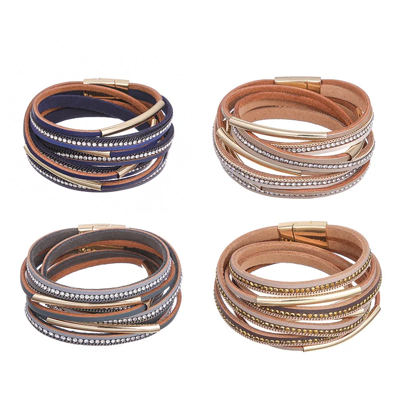 

Creative wrap bracelets bangles handmade multilayer leather crystal bracelet wristband women cuff jewelry Girls Christmas gift