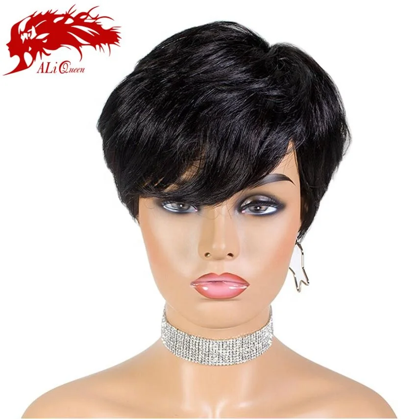 

Ali Queen 100% human hair pixie cut wigs for black women, pixie cut straight human hair wigs, 1b#