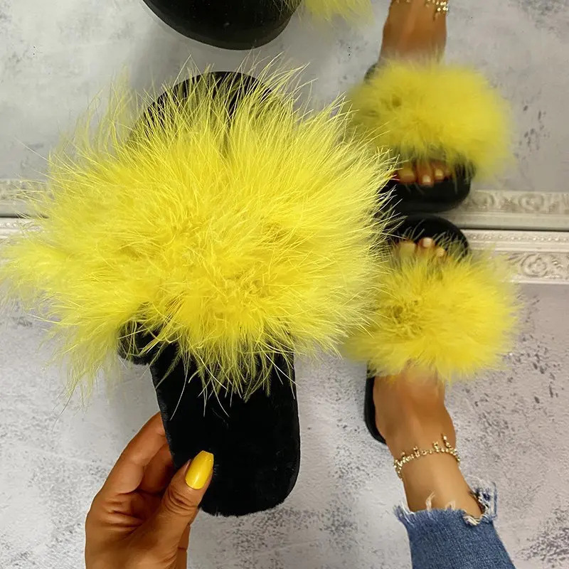 

Wholesale high-quality women's slippers artificial fur soft cross Fluffy fur slides for women, Yellow, green, pink, rose red