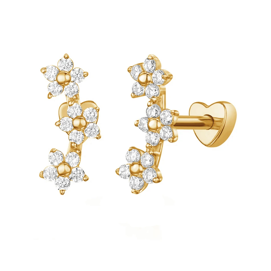 

hot sale stud earrings 925 sterling silver fine jewelry 18k gold plated mini triple flower stud earrings