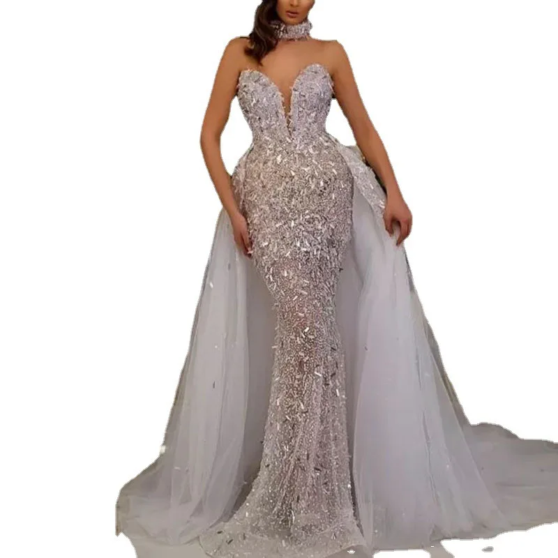 Guangzhou Auyan 2024 Dress Sequins Fishtail Sleeveless Long Gauze Rustic Wedding Dresses Pictures Gown Evening Fabric for Bride