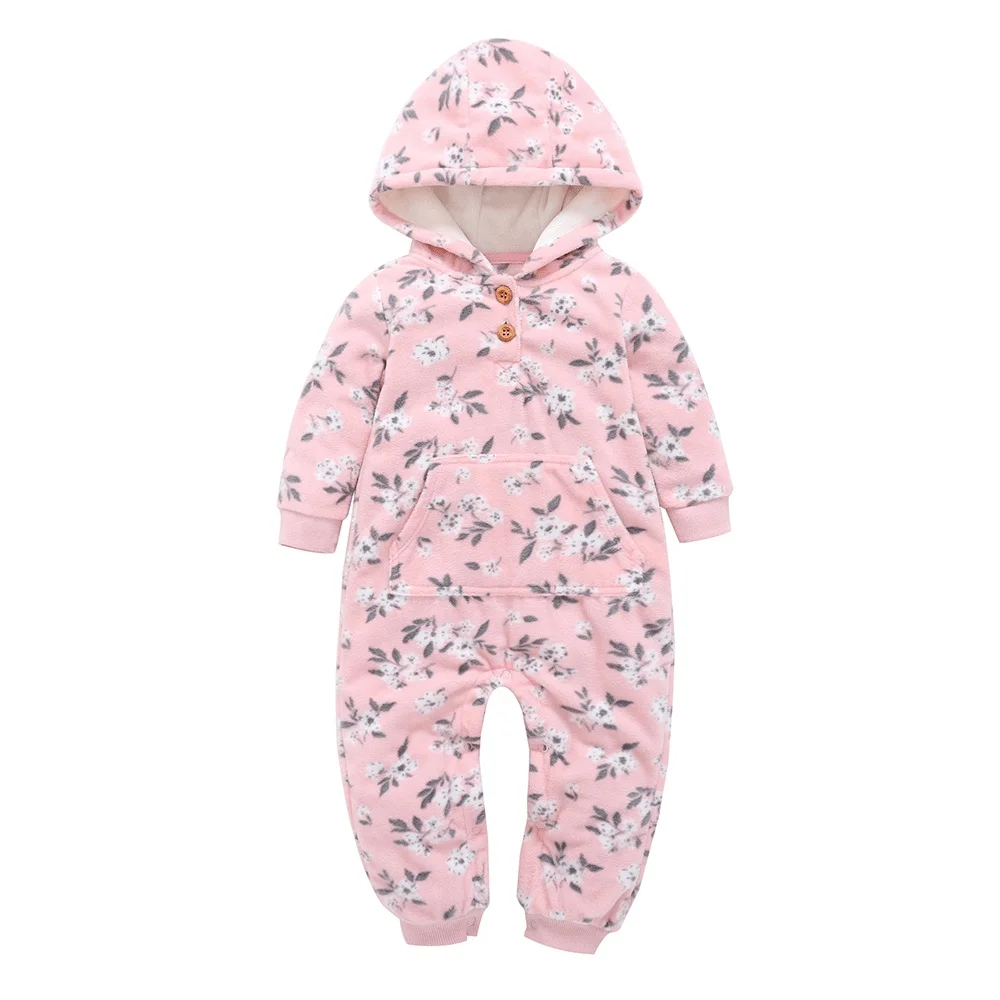 

Cute Pattern Winter Pink Fleece Warm Newborn Baby Wrap Foot Jumpsuit Girl Hooded Rompers, Picture