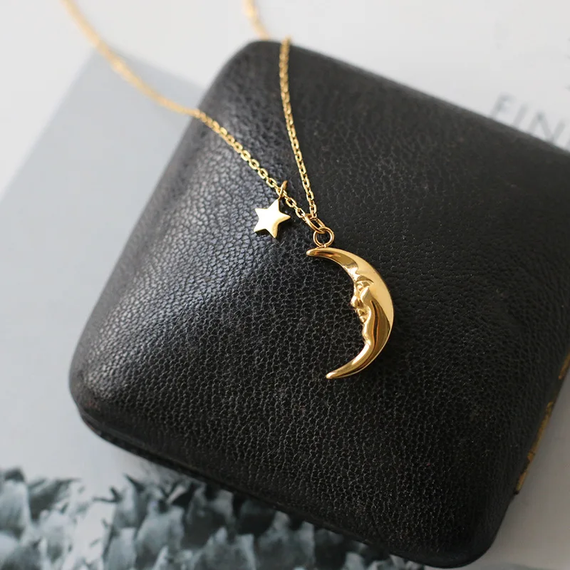 

Nor-tarnish 18k gold plated stainless steel lunar crescent moon star pendant necklace jewelry for women, Rose gold/silver