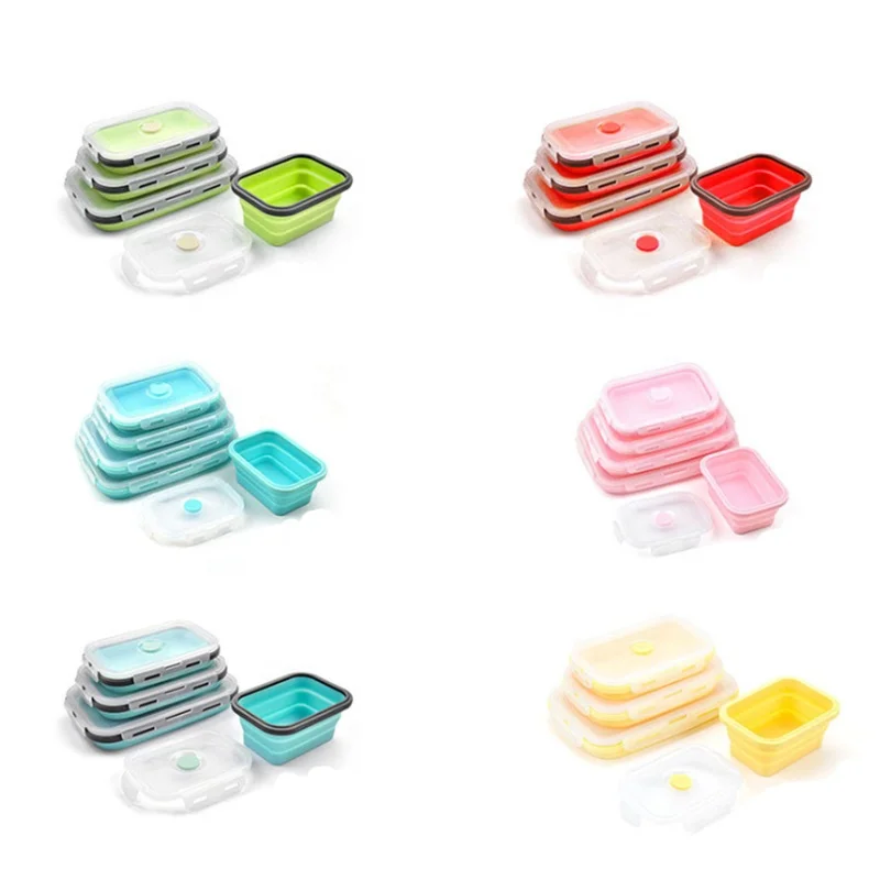 

RTS Foldable Silicone Collapsible Storage Bins Lunch Box Food Tupper Silicone Food Storage Container Set Folding Box of 4, Customized color