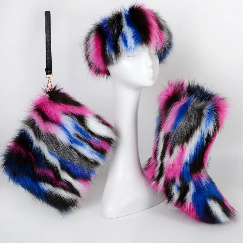 

Winter Fall Artificial Fur Shoes Plush Handbag Fur Headband Women's Casual Plush Snow Boots with Purse Headband, 24 colors
