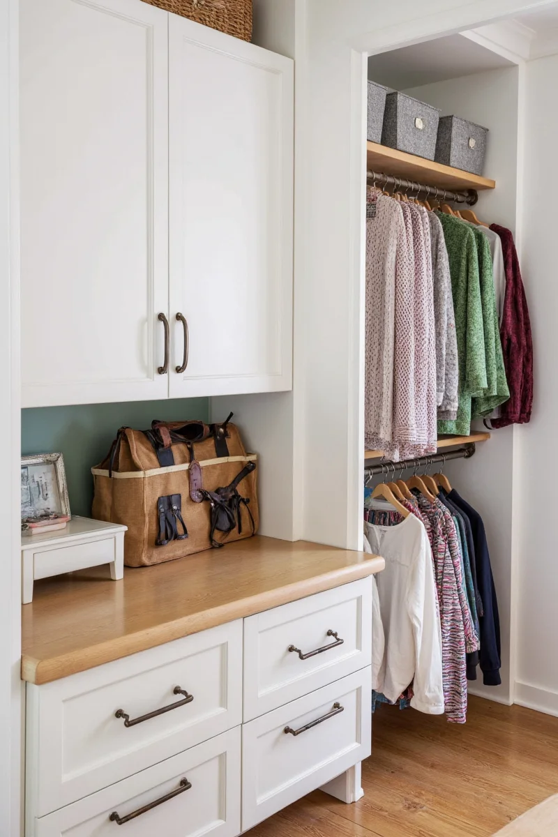 Modular cubby wall closet with labeled bins for each child