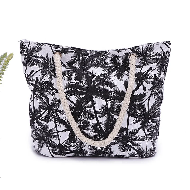 

2021 women natural coconut print single shoulder portable canvas zipper simple tote beach bag, Multi