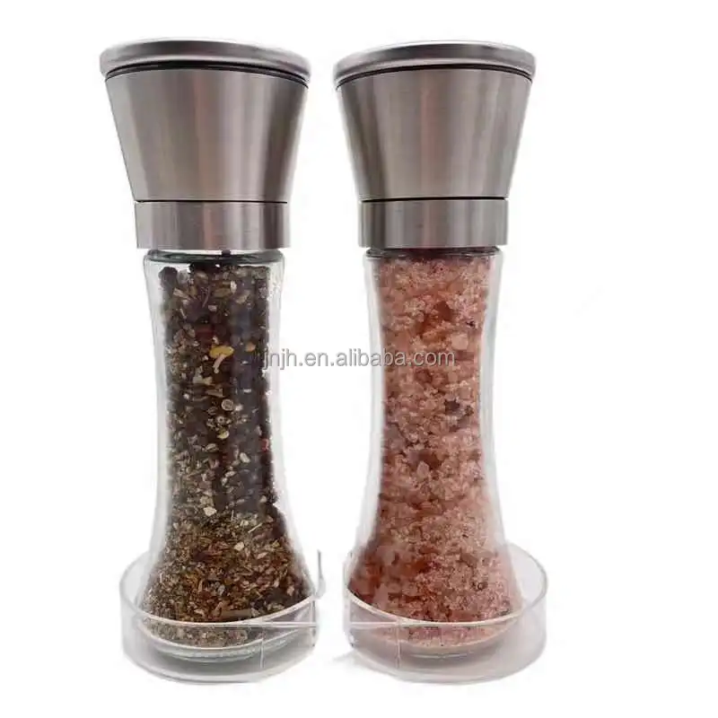 

6OZ Stainless Steel Salt and Pepper Grinders mill refillable Set Short Glass Shakers with Adjustable Coarseness, Transparent bottle