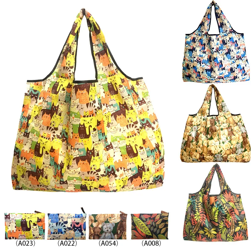 

Hot Sale Cute Cartoon Eco-Friendly Extra Large Reusable Folding Tote Bag 210D Polyester Foldable Grocery Shopping Bag, In stock