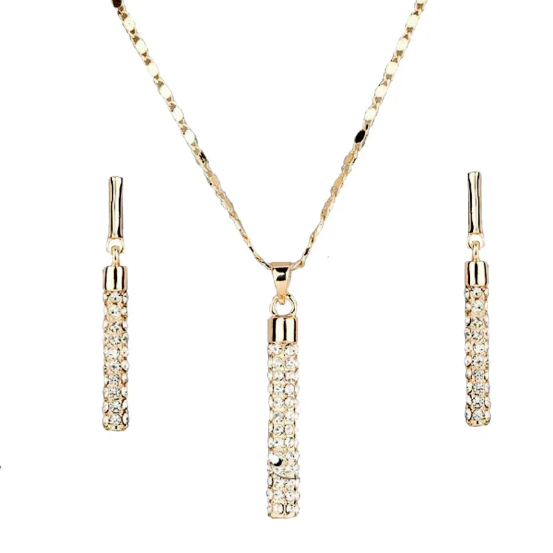 

Lancui Fashion Rhinestone Cylinder Pendant Necklace And Earrings Round Bar Column Jewelry Set