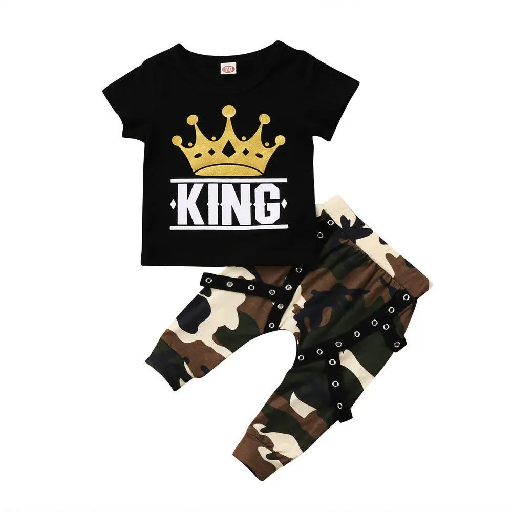 

2pcs Kids Toddler Baby Boys Clothes Set crown Print Tops T shirt+Camo Pants Outfits Children Little Boys Clothing 2-8Years