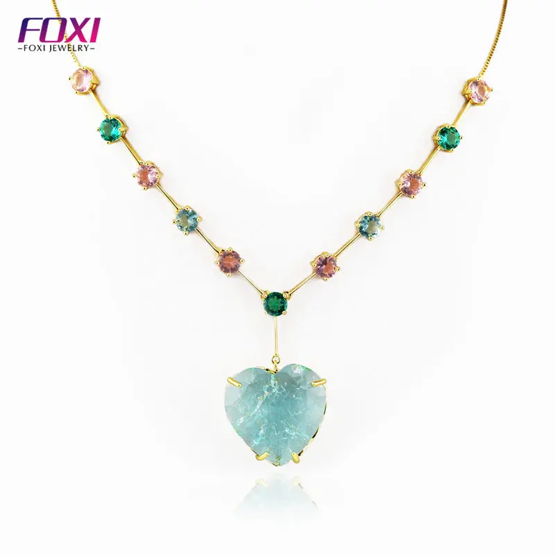 

FOXI Wholesale Popular Rose Gold Plated Women Heart Shape aquamarine Stone Necklace pendant Zircon Inlay Crystal Necklace