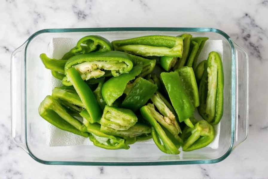 Freshly cut bell pepper pieces in glass container with paper towel underneath for moisture absorption