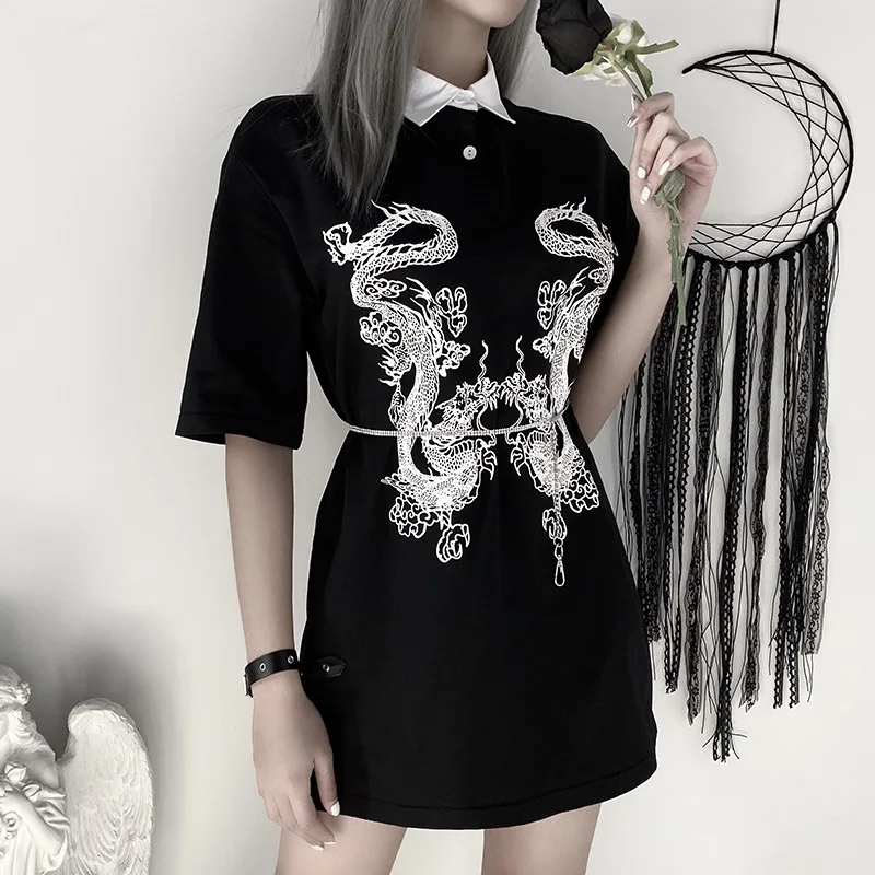 

ZJ0711 Dragon Print Vintage Gothic Female T-shrits Spring 2020 Egirl Grunge Punk Emo Y2K Aesthetic Harajuku Tshirt Women Chic