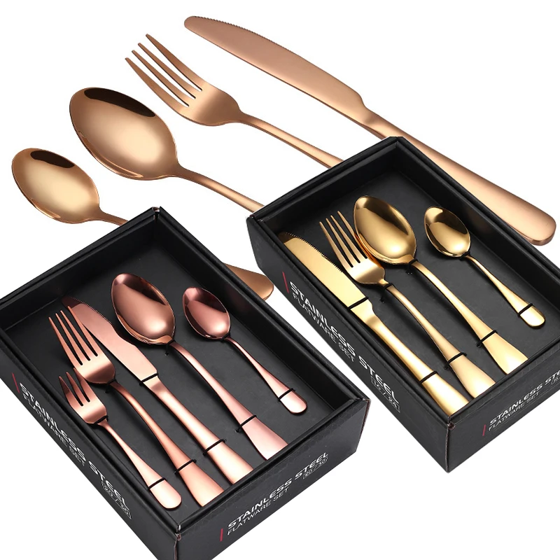 

Wholesale 16/24/30 pcs Cutlery Set Gold Stainless Steel Knife Fork Spoon Flatware set With Box, Silver,gold,rosegold,rainbow,black