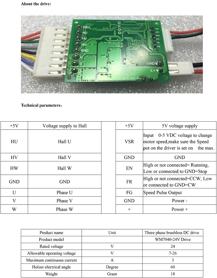 
24V-70W Brushless DC Driver controller with 60 degree hall sensors for dc blower and motor 