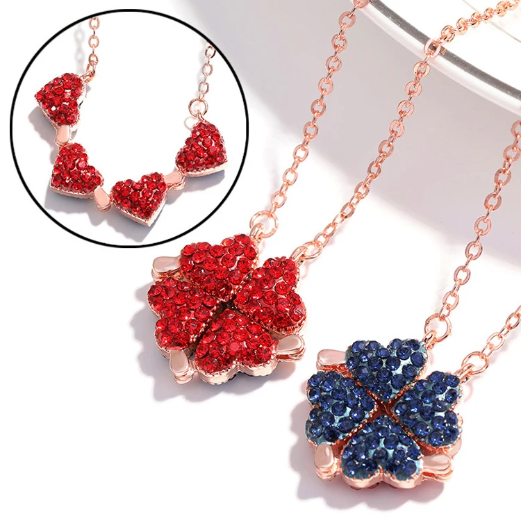 

Hot sale red and blue heart double-sided folding pendant can rotate trendy clover necklace womens, Red +blue