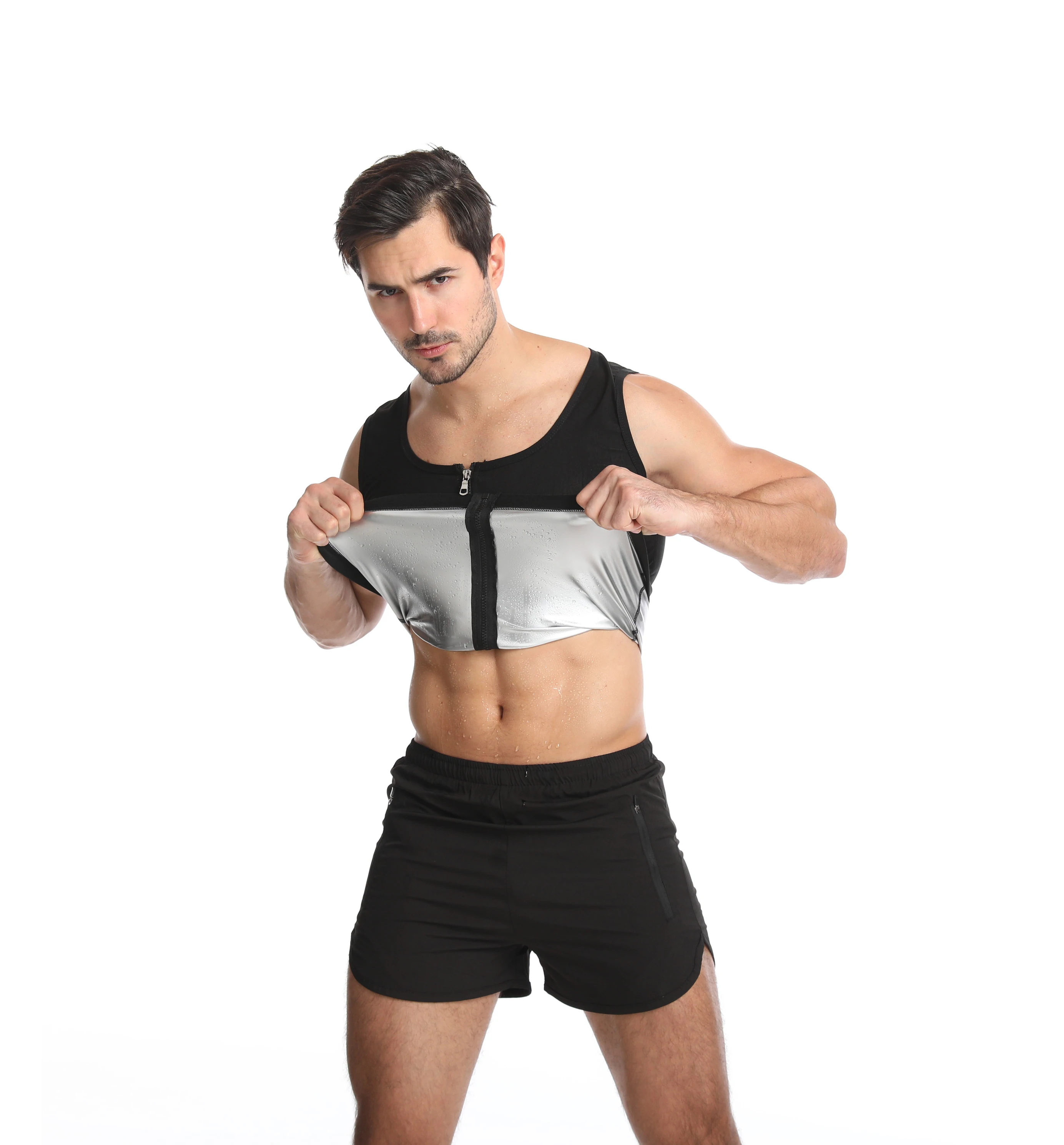 

Sports Sauna Silver Coated Men Waist Trainer Vest Sweat Vest Slimming Waist Trainer With Zipper, Black