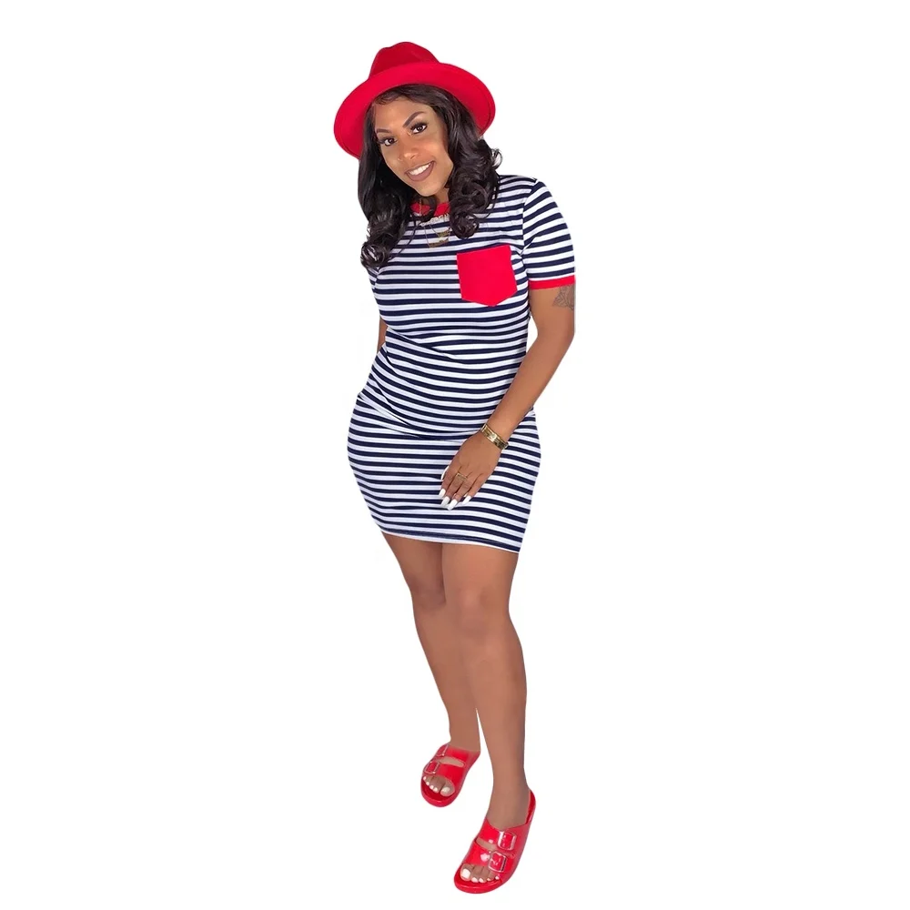 

2021 hot sale summer casual woman stripe t-shirt mini dress with solid pocket