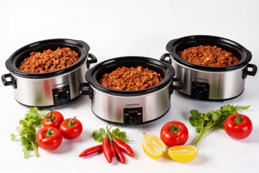 Three crockpots showing different chili varieties with ingredients arranged around them