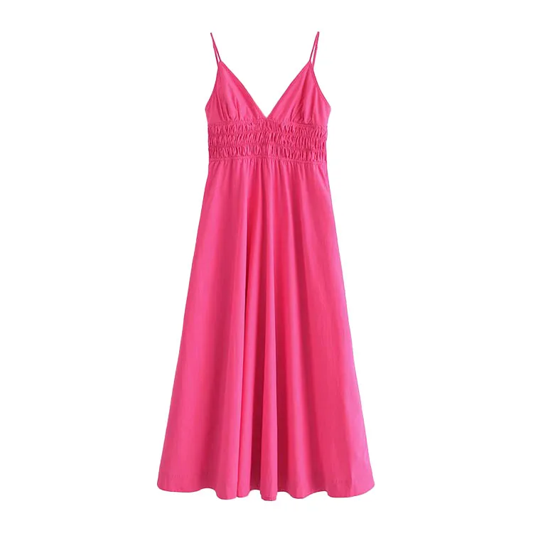 

BMURHMZA2021 summer new women's fashion versatile loose poplin solid color open back high waist women's suspender dress, Pink
