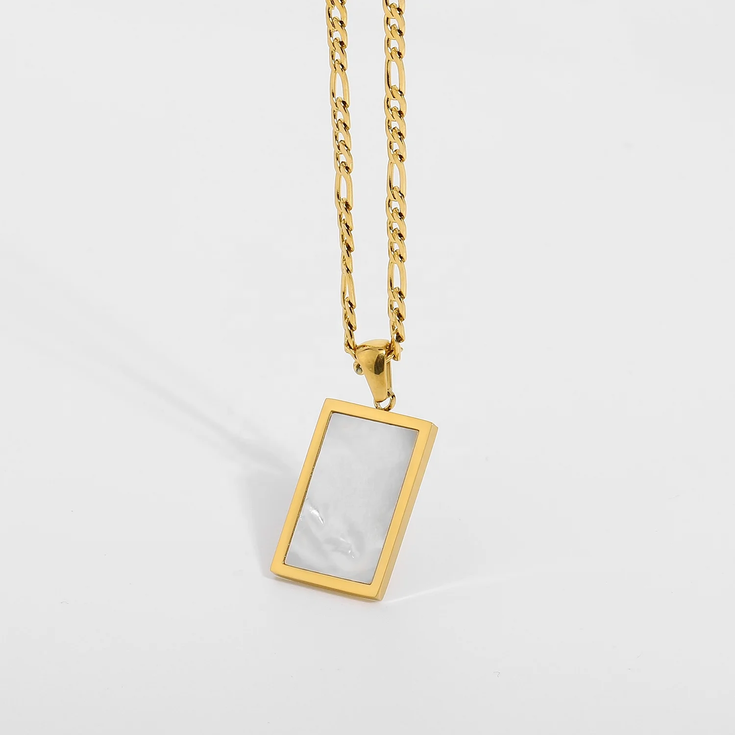 

Rectangle White Mother of Shell Pendant Willow Necklace Gold Plated Stainless Steel Figaro Chain Pendant Neckalce