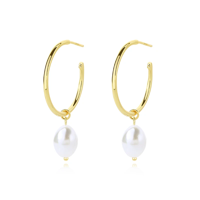 

Trending Statement Earrings Pearl Jewelry Sterling Silver Gold Plated Big C shape Stud Pearl Drop Earrings For Women