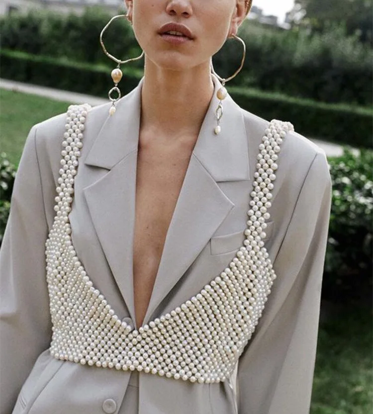 

Women Low Cut Crop Top Handmade Pearls Bead Bra Suspender Fashion Vest Camisole Tank Top