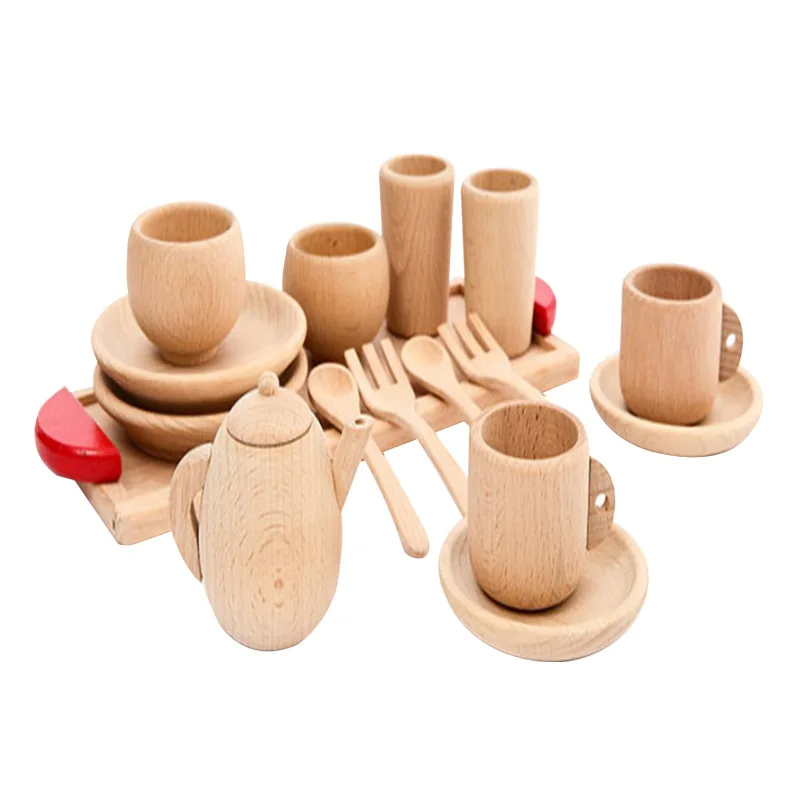 

1Set Wooden Tableware Tools Tea Pot Tea Cup Teatime Party Play Toy Dollhouse Miniature Kitchen Tableware Accessories for Kids