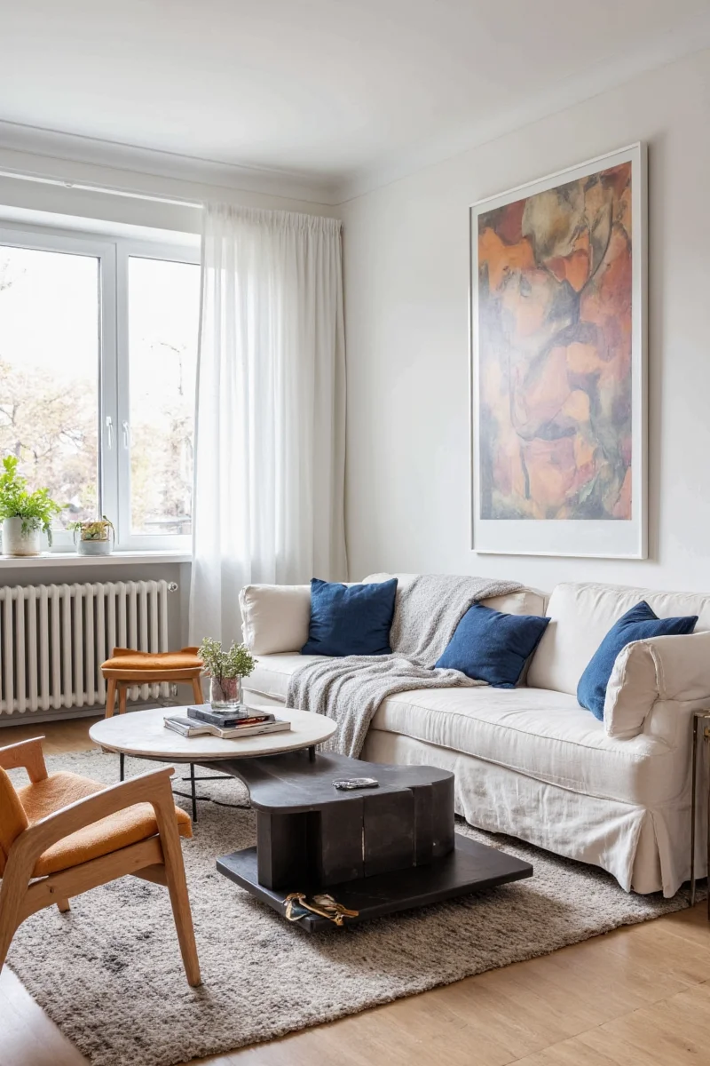 Cozy sofa with pillows and blanket in a flat living room