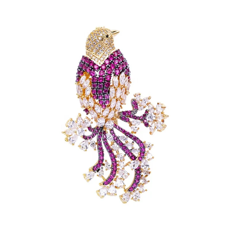 

Wholesale luxury womens micro paved zircon pink bird decorative jewelry designer brooches women