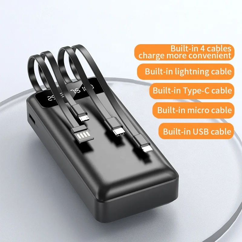 

Built-in Cables 30000mah Power Bank Portable Charge Universal Powerbank LED Light For Type C Android