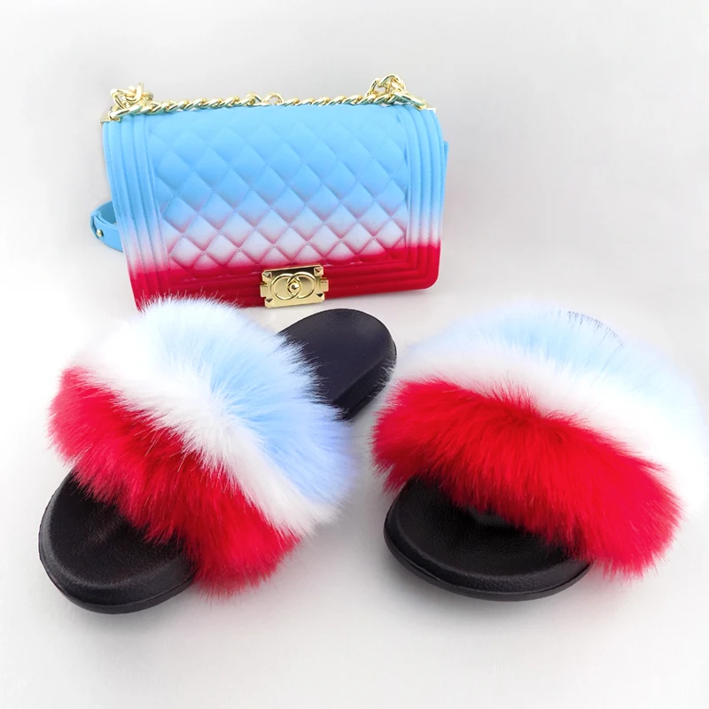 

PVC Jelly Bags With Fox Fur Slippers Sets Purse Bag Match Fur Slides Sandals Sets, 7 colors