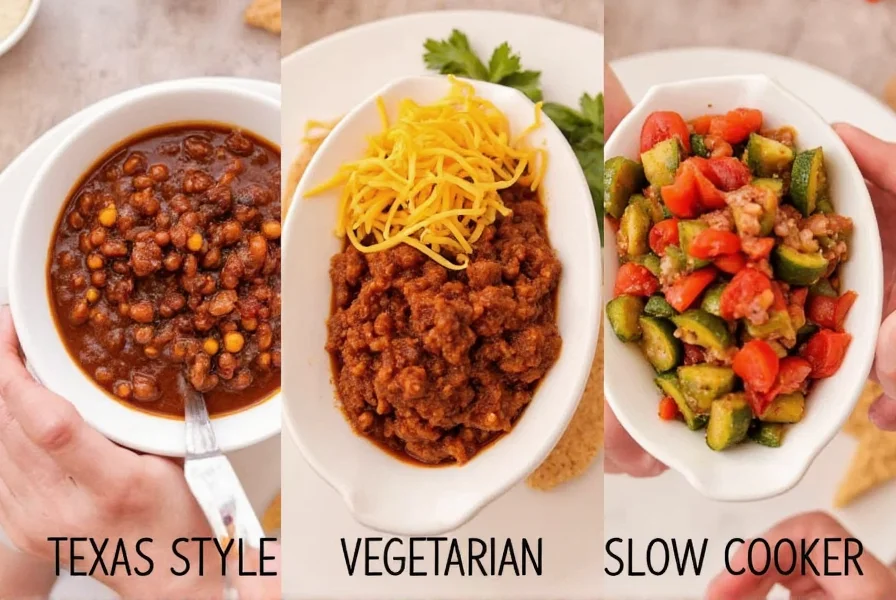 Comparison of different chili variations including Texas-style, vegetarian, and slow cooker versions for easy homemade chili recipe