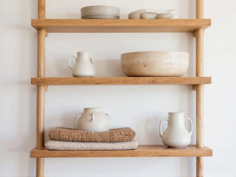 Minimalist wooden shelf holding handmade pottery and woven textiles
