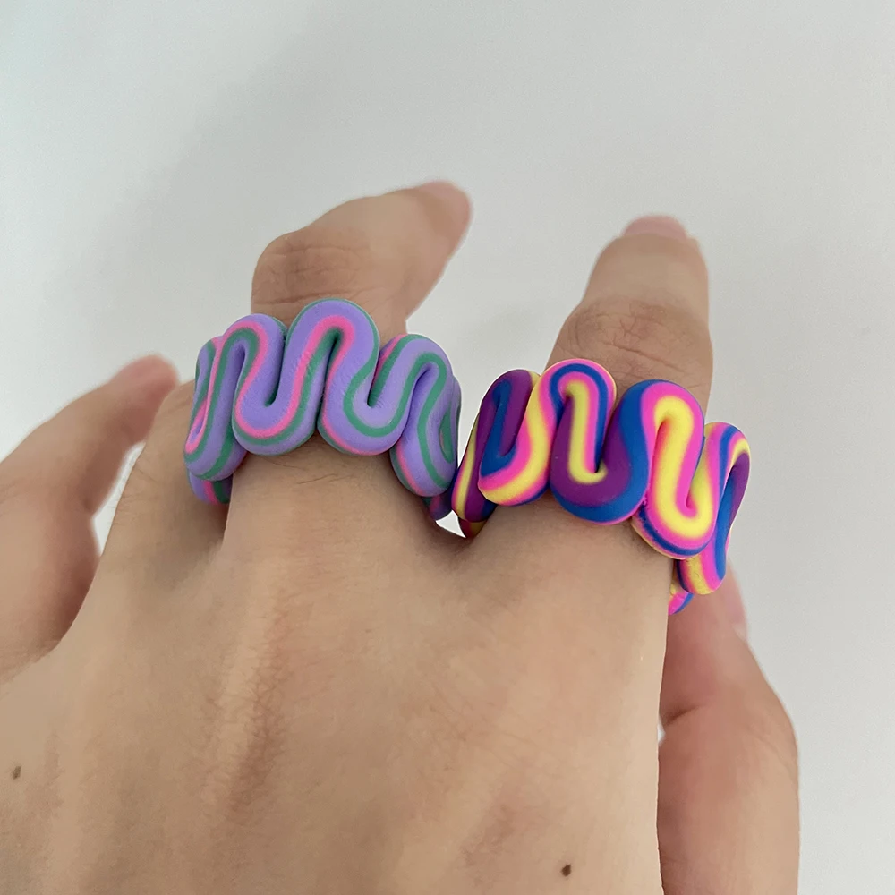 

Rainbow Colorful Irregular Twisted Soft Polymer Clay Ring Wide Chunky Cute Rings for Women Statement Minimalist Handmade Jewelry